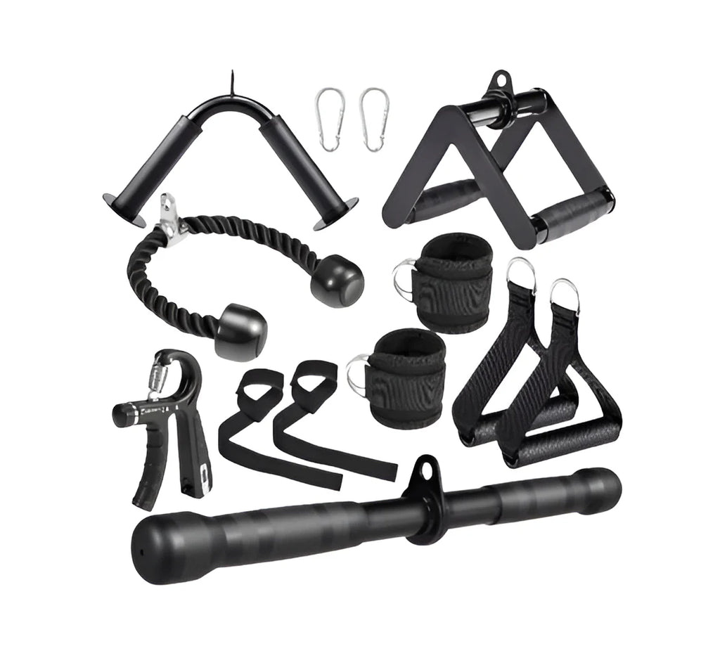 10-In-1 Cable Machine Attachments Set for Gym - Includes Tricep Rope, V-Bar, Straight Bar, D-Handle, Ankle/Wrist Straps, Storage Bag - Compatible with LAT Pulldown & Home Gym Cable Machines